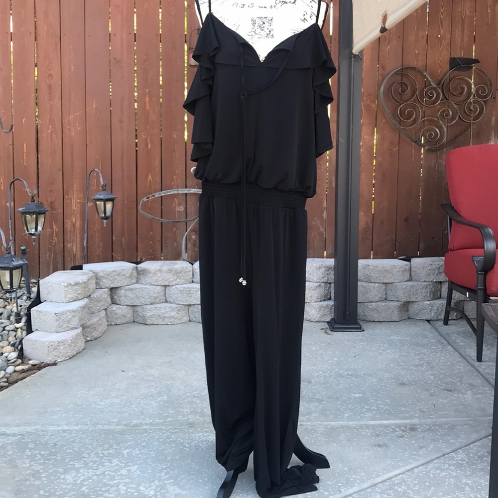 INC International Concepts Black Ruffle Cold-Shoulder Jumpsuit